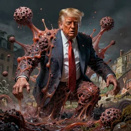 donald trump's disgusting true form bursting from within, gross, slimy, sleazy, pustules, high details, intricate details, by eric carle