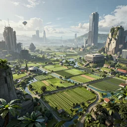 fully detailed landscape cyberpunk farmland in the future, high quality, 8k , octane render