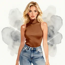 girl wearing brown sleeveless turtleneck and jeans high waist, blonde hair, pinterest, artstation trending, behance, watercolor, by coby whitmore, silver, laser light,
