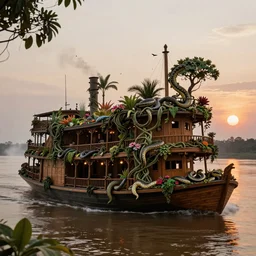 A wooden, beautiful 1880's steamboat overgrown with intricate vines, flowers, snakes, anacondas and exotic vegetation floating down on the Amazon river. Faint lights from inside the ship. Steam. Birds circulating. The boat looks like an island. Ecosystem. Sunset. Volumetric lights. Mist. hyper-maximalistic, with high detail, cinematic, 8k resolution, beautiful detail, insanely complex details, 50mm lens.