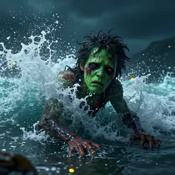 the pain is splattered on the sad monster's green face while huge waves crash against him, water sprays into the air, moody night sky, lit from underwater, hints of red and yellow, fantasy, unreal engine