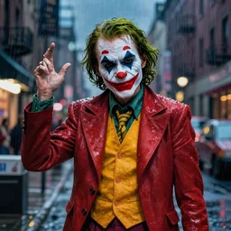 night flash portrait photography of animatronic joker on the lower east side by annie leibovitz, colorful!!, nighttime!, raining!