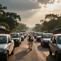 car traffic in India caused by a cow in the middle of the road