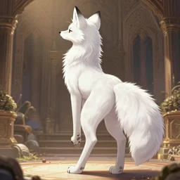 the full body of anthropomorphic lynx fursona from behind as unimaginably beautiful, gorgeous, elegant, young woman with lynx head, fluffy tail, paw pads, by furaffinity, anime, manga, kim jung gi, irakli nadar, intricate linework, white fur, unreal engine 5 highly rendered, global illumination, radiant light, detailed and intricate environment