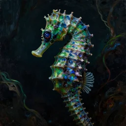 a dark rococo close - up portrait of a seahorse with big eyes, deep dark green and blue colors, highly detailed painting. rich colors, high contrast, moody atmosphere, dark organic background