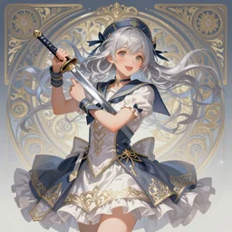 portrait of a magical girl in a sailor's suit with a samurai sword, dreamy and ethereal, silver hair, happy expression, ornate frilly dress, fantasy, intricate, highly detailed, digital painting, artstation, concept art, smooth, sharp focus, illustration, art by artgerm and greg rutkowski and alphonse mucha