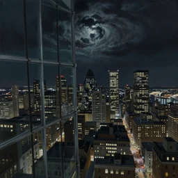 photorealistc full - color painting of a distorted glass wall looking through to a nightmarish boston downtown skyline in 1 9 2 5 at night with a horrifying sky, aerial view, dark, brooding, night, atmospheric, horror, cosmic, ultra - realistic, smooth, highly detailed by dave dorman