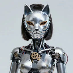 a portrait of a beautiful cybernetic asian female with hime haircut wearing a chrome kitsune mask. from the neck down, her body is composed of mechanical parts that correspond to the human anatomy. with gears, tubes, cables, wires, and steel plates.