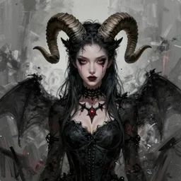 cool and bored looking succubus, portrait of a lady demon all dressed in black, beautiful face and eyes, ram horns on her head, highly detailed, cel shaded, cinematic shot, trending on artstation, high quality, detailed and chaotic background, brush strokes all over, by tom bagshaw and jama jurabaev