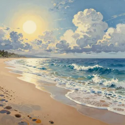 a digital painting of an perfect beach, by simon stalenhag, waves, clouds, sun, light and shadow, overlaid with aizome patterns, shin - hanga by thomas kinkade and bob ross, traditional japanese colors, superior quality, masterpiece, featured, trending, award winning, hdr, hd, uhd, 4 k, 8 k, anamorphic widescreen