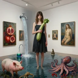 art gallery, painting of a tall emo girl holding a flowering courgette in a flooded art gallery, paintings on the wall, pomegranates, waterfall, dripping faucet, beaker of coloured liquid, pigs, hemp ropes, octopus, berries, zen, sensual, surrealist, by magritte and monet