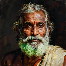 a painting of an old indian man with a green beard