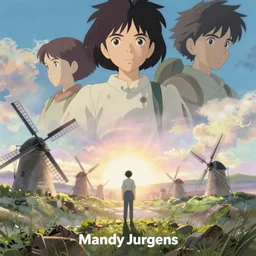 memorable animation key shot, lone man, valley of wind, windmills, yamato, by mandy jurgens, by satoshi kon, ilya repin, lena aenami, shinji kimura, daylight pastel color palette