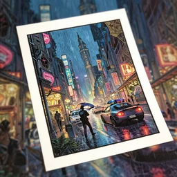 city life heavy rain at night neon lights sports cars police umbrella comic book street art background design print ready, deep focus, d & d, fantasy, intricate, elegant, highly detailed, digital painting, artstation, concept art, matte, sharp focus, illustration, hearthstone, art by artgerm and greg rutkowski and alphonse mucha