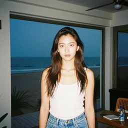 home photography portrait, inside of the house of woman who i met on the beach ; night, summer, color vhs picture quality with mixed noise