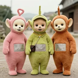 old photo of teletubbies wearing japanese soldier gear