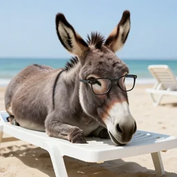 Donkey with cool glasses lying on a sunbed at the beach, photorealistic