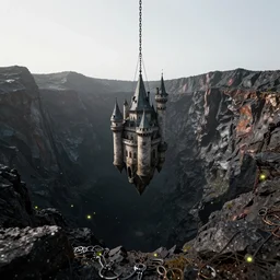 one castle hanging by chains single in the middle floating high mountains inside crater jewelry mine only darkness background, fireflies, clean sky, hight contrast, void, 8 k resolution, unreal engine 5, hyper - detailed, perspective view, 2 4 mm lens, by simon bisley, beeple, justin gerard