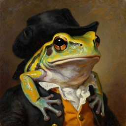 a head and shoulders portrait painting of an anthropomorphic!!!!!!!!!! amazon milk frog!!!!!!!!!! wearing a colonial outfit without a hat looking off camera, a character portrait, romanticism, oil on canvas, visible and dense brushstrokes, intense color