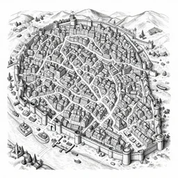 wallpaper medieval city tourist map twisty streets, towers, city walls, d & d, engraving, isometric view, port, river, market, castle, cartoony, b & w
