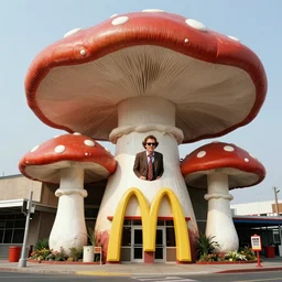 Michael Keaton emerging from big building Mcdonalds gigantic fungus mushroom 1981