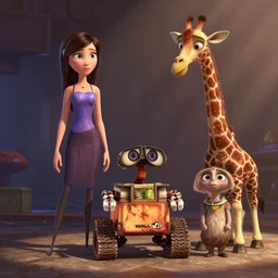 pixar animation of eve, wall - e, and sofie the giraffe