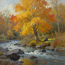 A beautiful oil painting of a single tree, the tree is in the rule of thirds, a person is under the tree reading a book, the fall has arrived and the leafs started to become golden and red, the river is flowing its way, the river has lots of dark grey rocks, oil painting by Greg Rutkowski