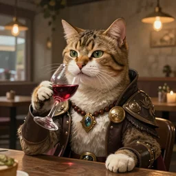 An epic fantasy comic book style portrait painting of a cat drinks wine in cafe background, unreal 5, DAZ, hyperrealistic, octane render, cosplay, RPG portrait, dynamic lighting