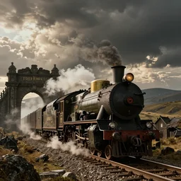 A steam train driving on a railway toward the Black Gate in Mordor, landscape film still from the movie 'The Lord of the Rings: The Return of the King