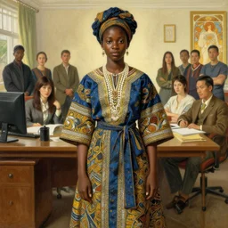 african girl in traditional clothes in an office, art by joseph leyendecker, donato giancola, ruan jia, marc simonetti, peter mohrbacher, ayami kojima, cedric peyravernay, alphonse mucha, victo ngai, hyper detailed 4 k