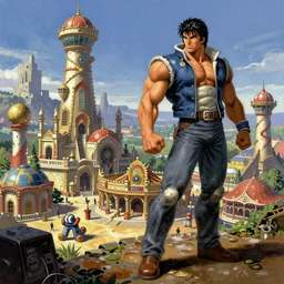 concept art from kof snk 2 0 0 0 by jama jurabaev, cel shaded, cinematic shot, trending on artstation, high quality, brush stroke, amusement park on a old civilization
