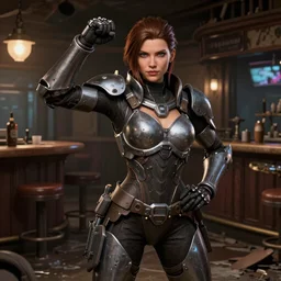 hyper detailed ultra sharp full body character portrait of a woman with a realistically proportioned face wearing hextech armor doing an action pose standing in a destroyed dive bar, cinematic lighting, good value control, photorealistic eyes, smooth, realistic shading, enhance face, painted texture maps, substance painter, 3 d model