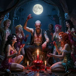 midnight moonlight underground photorealistic detailed matte painting of wan! bald british man surrounded by tweakers!! addicts!! groupies! performing ritual blood!! magic! greg rutkowski artstation hdr vivid color vaporwave ( ( ( alphonse mucha ) ) )