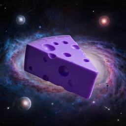 A purple Cheese-It flying in space surrounded by colorful galaxies, 50mm, Nikon