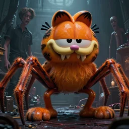 a giant evil garfield with sharp teeth & spider legs, lovecraftian horror by greg rutkowski, stanley artgerm lau and jason chan, sharp teeth highly detailed, cinematic lighting, octane render, unreal engine lumen, very coherent. cinematic, hyper realism, high detail, octane render, 8 k