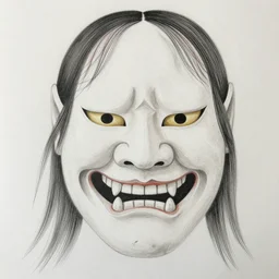 a drawing of a reptile-man's face with long hair looking like a traditional japanese mask, an ultrafine detailed painting by Maryam Hashemi, featured on pixiv, metaphysical painting, fractalism, woodcut, tarot card