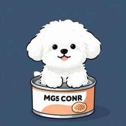 a white cuddly dog on top of a can of food, digital art, ilustration