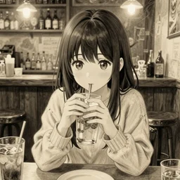 anime girl sitting and drinking in a cozy bar, 4, volumetric lighting, symmetrical face, detailed face, hyper real, pencil art, moody lighting, cute, comfy