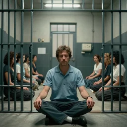 el chapo is meditating in the middle of a prison cell. he has 8 wives. 35 mm