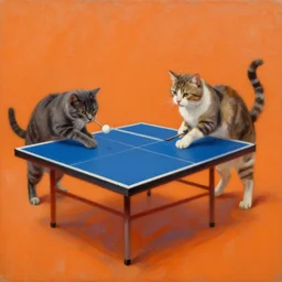 dos gats jugant al ping pong sobre un fons taronja, oil painting