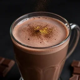 an image of hot chocolate drink, food photography, styled with chocolate, black background, moody lighting, gold sparkles, macro lense, depth of field, 4 k, - n 9
