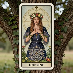 Woman with a crown of flowers resting by an oak tree, ivy creeping around her wrists, wearing a starry dress, 8k , trending on artstation, formatted as a tarot card, sacred geometry, mostly symmetrical , exquisite details