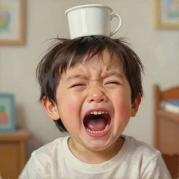 Beautiful painting of a kid with cup cut hair, Big head, Big mouth, blushing scream and criyng in his room 50 mm studio lighting