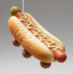 a huge floppy hotdog with olive tip and meatballs underneath hanging