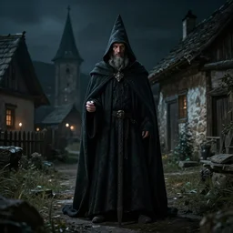 a wizard ( in dark traveling cloak ) in a hungarian village, cinematic lighting, low key contrast, detailed, hyperrealistic, concept art by tolkien and greg rutkowski