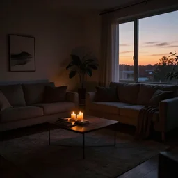 dark dreamy living room, candlelight glow, low sunset, shadows