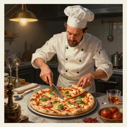 poster artwork by Michael Whelan Rendering of a chef using weird tools on his pizza, full of details by thomas kinkade, Matte painting, trending on artstation,