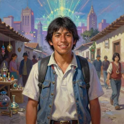 fantasy art portrait oil painting, perfect expression, subconscious connects, purified consciousness, beautiful young ecuadorian craftsman in gta v, street market in la paz bolivia, happy ambience, artifacts, valerian city luminous skies, stephen bliss, loish, rhads, ferdinand knab, makoto shinkai and lois van baarle, ilya kuvshinov, ross