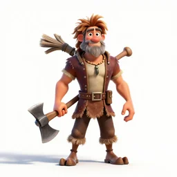 dashing lumberjack with axe, stylized pixar-style 3d render, full body, standing, isolated on a pure white background, centered, whole figure in frame, sharp focus, studio lighting