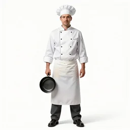 weathered chef in white uniform holding a pan, photorealistic portrait photography, full body, standing, isolated on a pure white background, centered, whole figure in frame, sharp focus, studio lighting